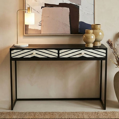 Black Wood 2-Drawer Console Table with Black and White Bone Inlay Chevron Fronts | Fusion