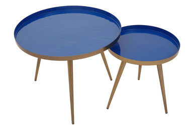 Amira Blue and Gold Metal Nest of 2 Tables with Enamel Tops