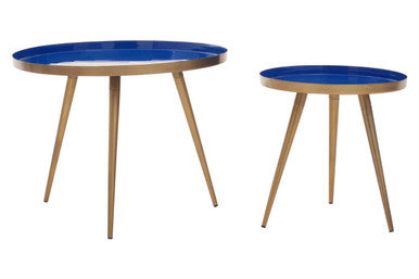Amira Blue and Gold Metal Nest of 2 Tables with Enamel Tops
