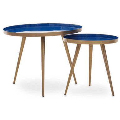 Amira Blue and Gold Metal Nest of 2 Tables with Enamel Tops