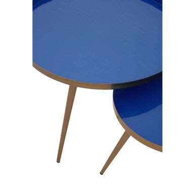 Amira Blue and Gold Metal Nest of 2 Tables with Enamel Tops