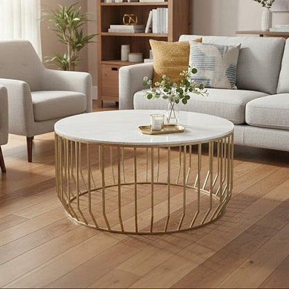 White Marble Top Coffee Table with Gold Finish Iron Cage Base | Pali