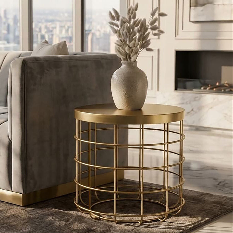 Gold Finish Iron Round Top Side Table with Caged Base | Pali