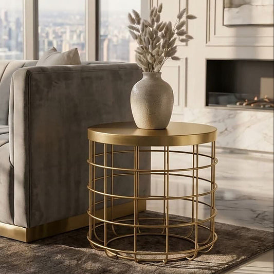 Gold Finish Iron Round Top Side Table with Caged Base | Pali