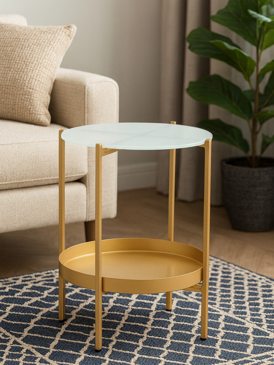 Gold Iron Two-Tier Side Table with Glass Top and Lower Shelf | Pali