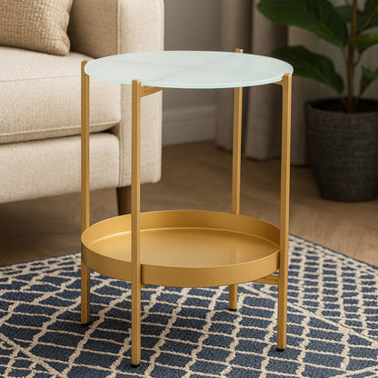 Gold Iron Two-Tier Side Table with Glass Top and Lower Shelf | Pali