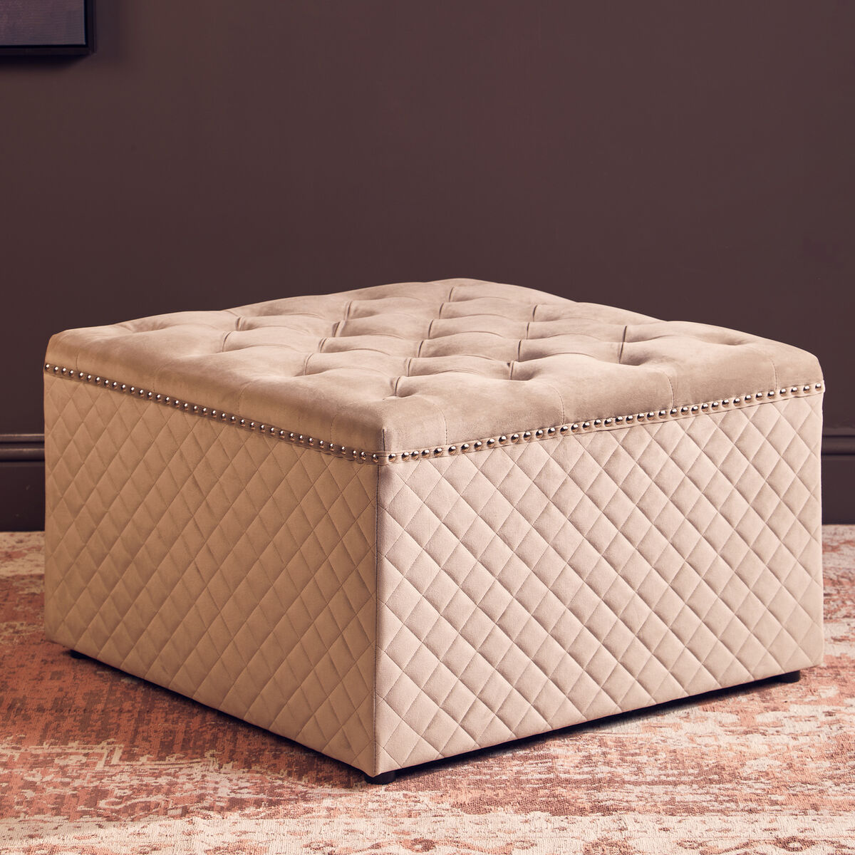 Zamora Mink Velvet Ottoman with Button Tufting