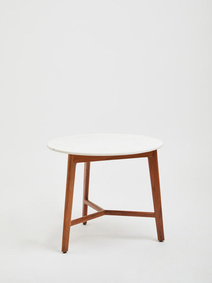 Myan White Marble and Acacia Wood Round Side Table
