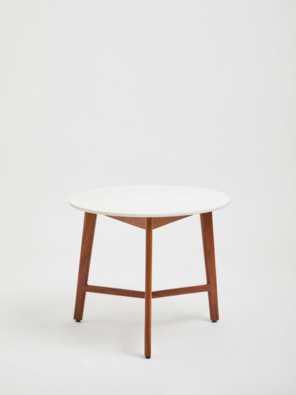 Myan White Marble and Acacia Wood Round Side Table