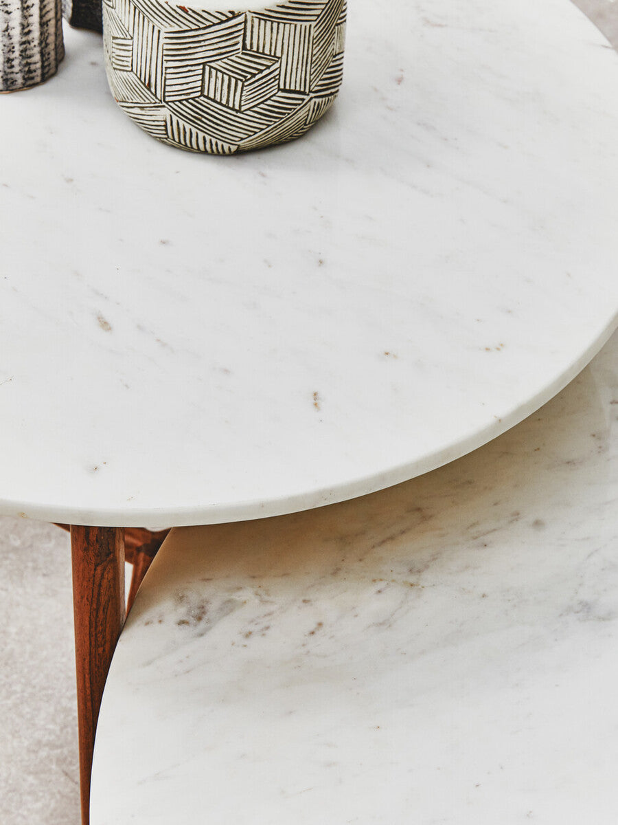 Myan Acacia Wood and White Marble Round Side Table