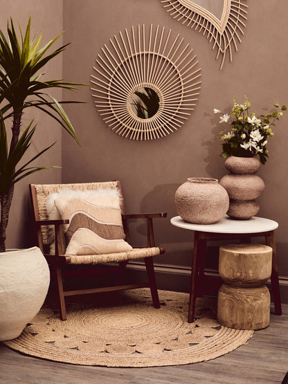 Myan Acacia Wood and White Marble Round Side Table