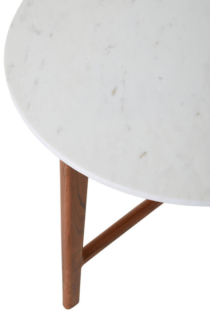 Myan White Marble and Acacia Wood Round Side Table