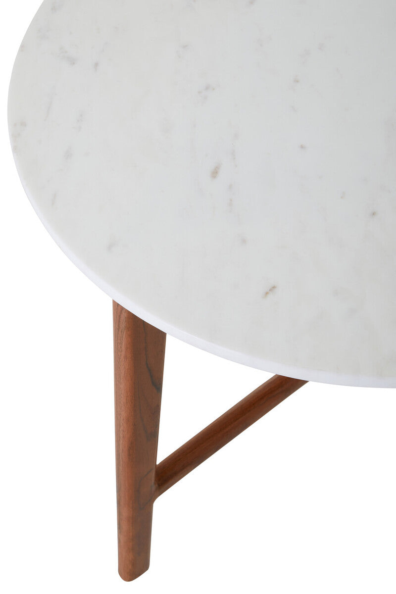 Myan Acacia Wood and White Marble Round Side Table