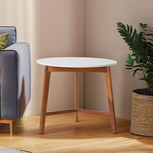 Myan Acacia Wood and White Marble Round Side Table