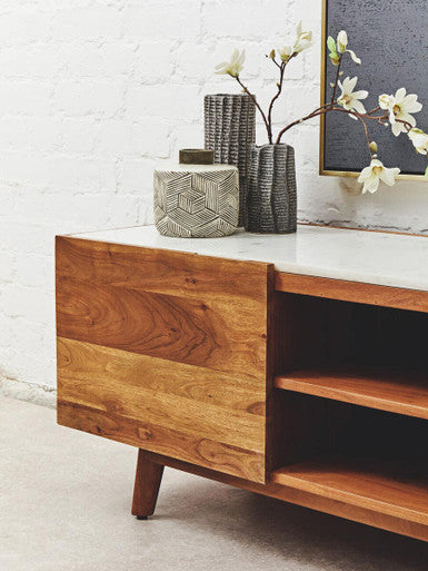 Myan Acacia Wood and White Marble Media Unit