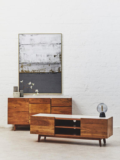 Myan Acacia Wood and White Marble Media Unit