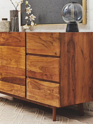 Myan 3 Drawer Acacia Wood White Marble Sideboard