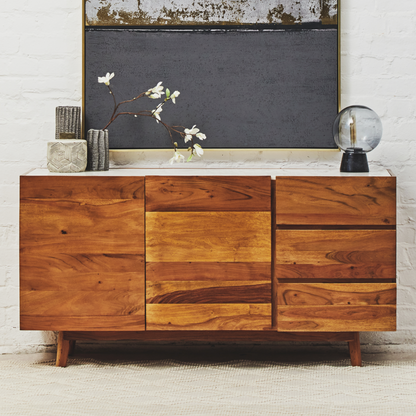 Myan Natural Acacia Wood and White Marble Sideboard