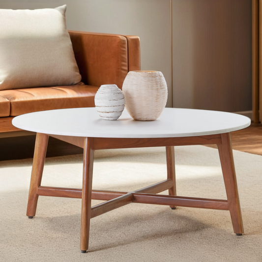 Myan Acacia Wood and  White Marble Coffee Table