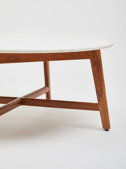 Myan Acacia Wood and  White Marble Coffee Table