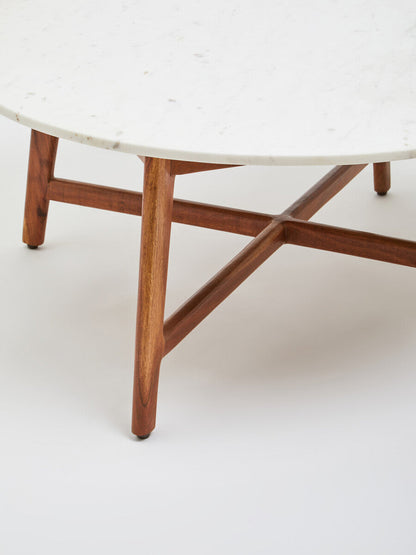 Myan Acacia Wood and  White Marble Coffee Table