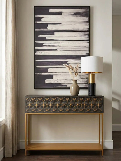 Grey Mango Wood 2-Drawer Console Table with Gold Finish Iron Frame and Lower Shelf | Patna