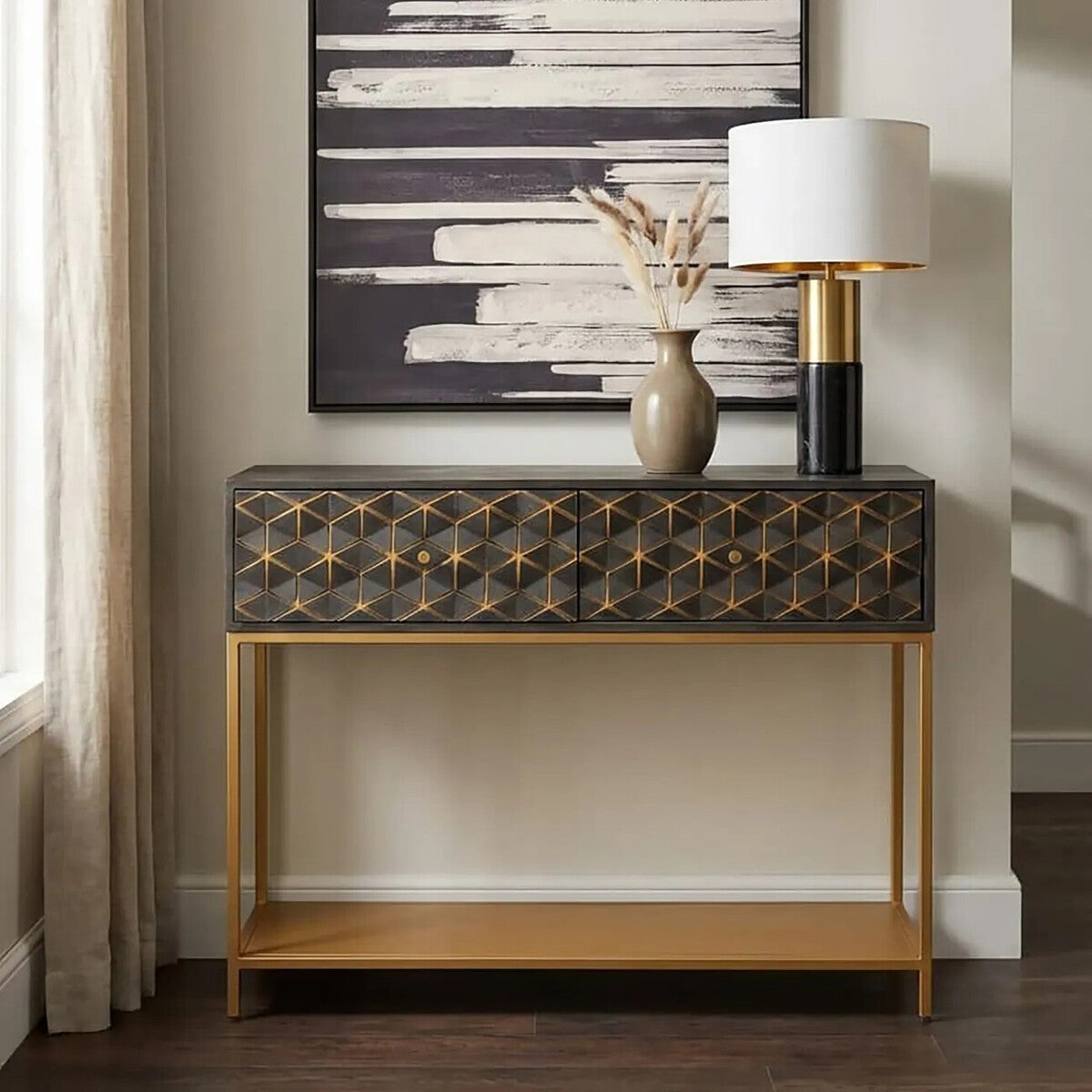 Grey Mango Wood 2-Drawer Console Table with Gold Finish Iron Frame and Lower Shelf | Patna