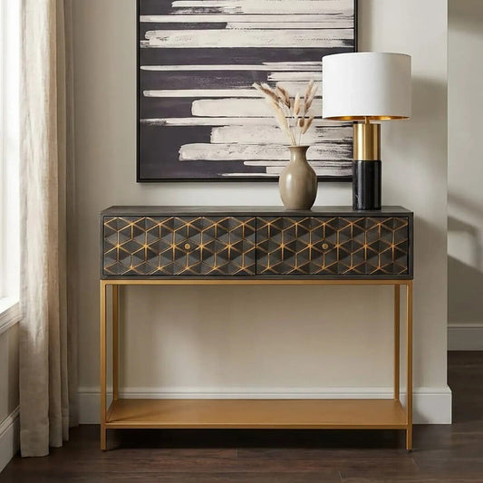 Grey Mango Wood 2-Drawer Console Table with Gold Finish Iron Frame and Lower Shelf | Patna