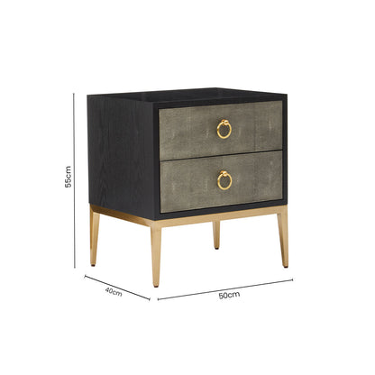 Grey Shagreen Effect 2-Drawer Side Table with Black Top and Gold Metal Legs | Deruta