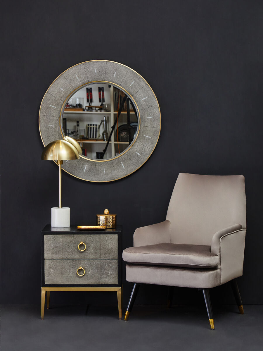 Grey Shagreen Effect 2-Drawer Side Table with Black Top and Gold Metal Legs | Deruta