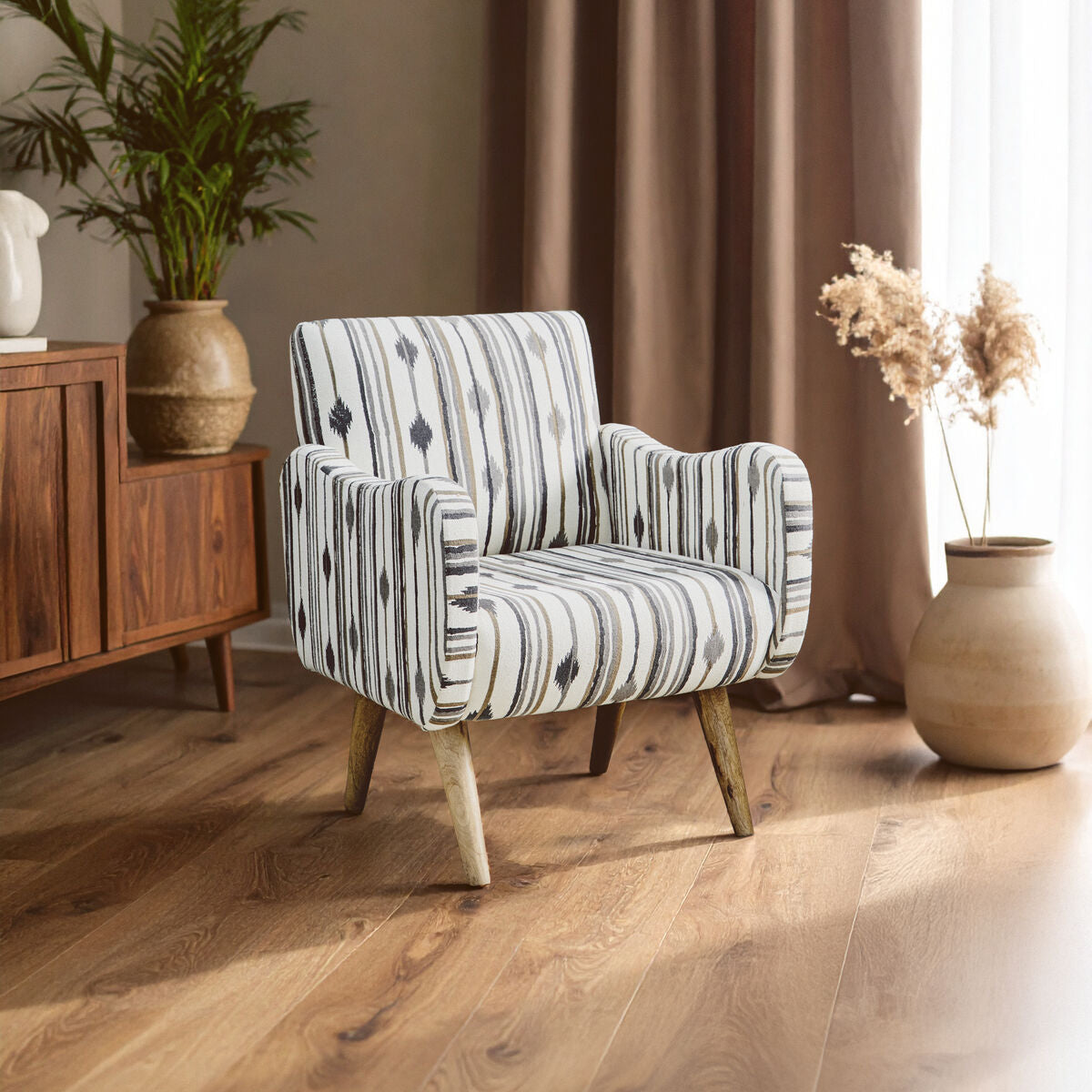 Cefena Black and White Ikat Design Accent Chair with Mango Wood Legs
