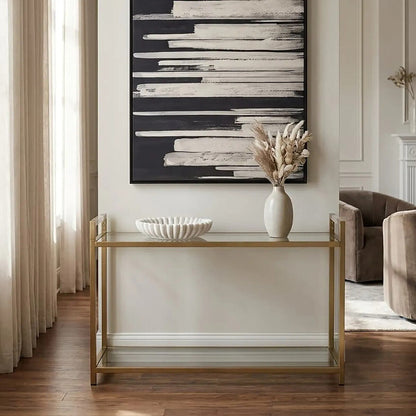 Matte Gold Stainless Steel Console Table with Clear Glass Top and Shelf | Vogue