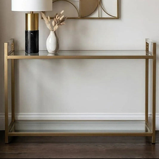 Matte Gold Stainless Steel Console Table with Clear Glass Top and Shelf | Vogue