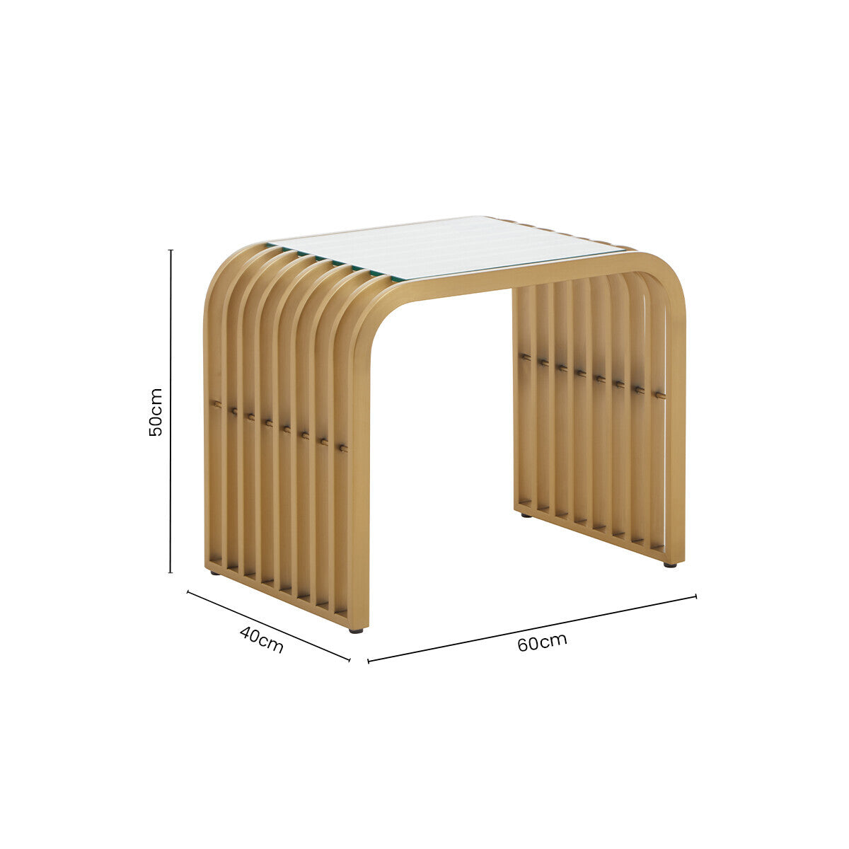 Matte Gold Slatted End Table with Clear Glass Top and Storage Shelf | Vogue