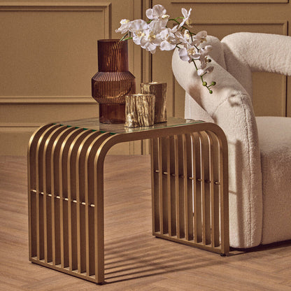 Matte Gold Slatted End Table with Clear Glass Top and Storage Shelf | Vogue