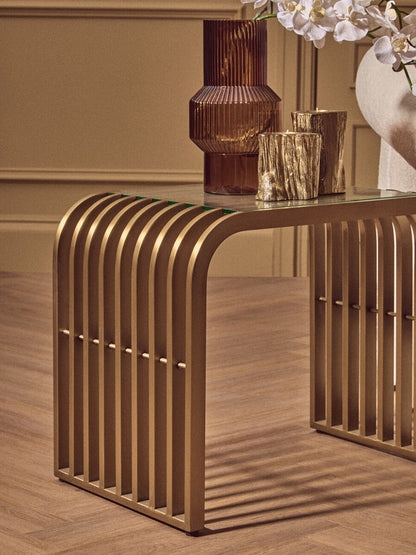 Matte Gold Slatted End Table with Clear Glass Top and Storage Shelf | Vogue