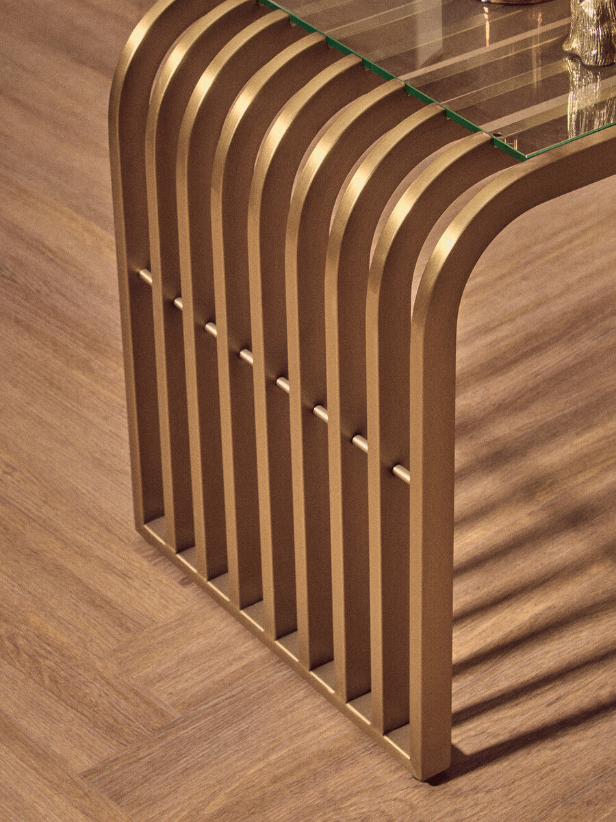 Matte Gold Slatted End Table with Clear Glass Top and Storage Shelf | Vogue