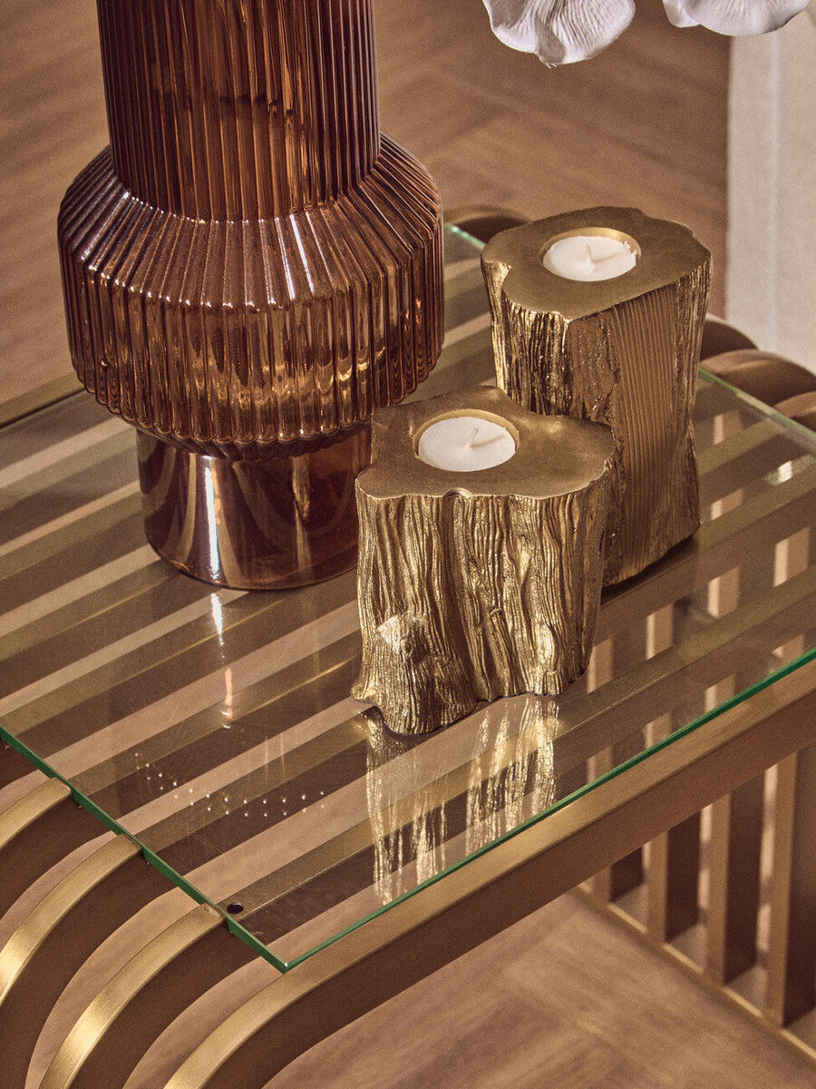 Matte Gold Slatted End Table with Clear Glass Top and Storage Shelf | Vogue