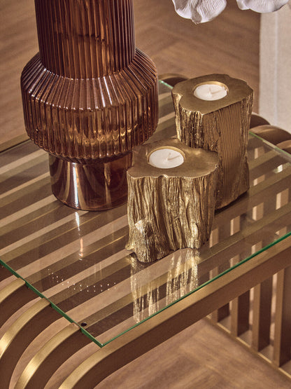 Matte Gold Slatted End Table with Clear Glass Top and Storage Shelf | Vogue