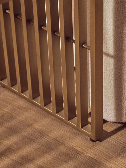 Matte Gold Slatted End Table with Clear Glass Top and Storage Shelf | Vogue