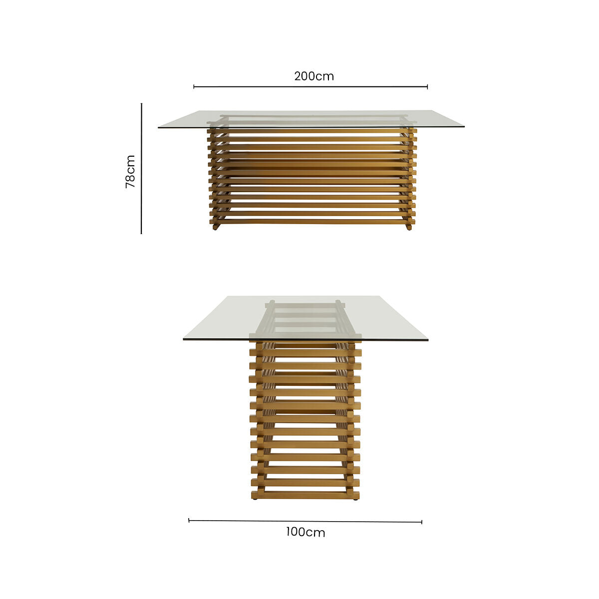 Rectangular Glass Top Dining Table with Matte Gold Stainless Steel Base | Vogue