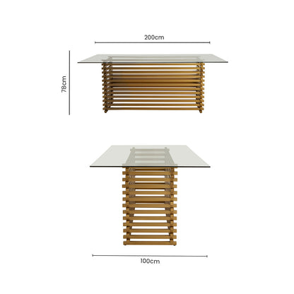 Rectangular Glass Top Dining Table with Matte Gold Stainless Steel Base | Vogue