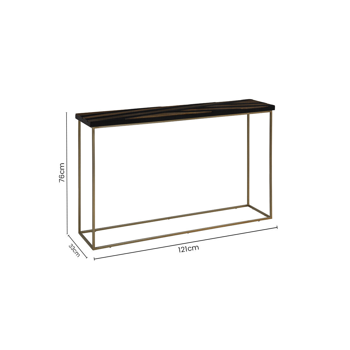 Black and Gold Striped Acacia Wood Console Table with Interconnected Metal Legs | Aris
