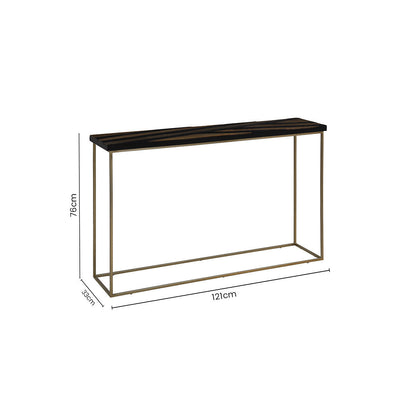 Black and Gold Striped Acacia Wood Console Table with Interconnected Metal Legs | Aris