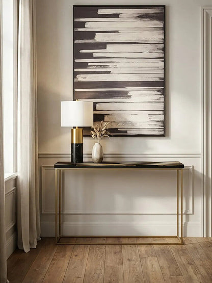Black and Gold Striped Acacia Wood Console Table with Interconnected Metal Legs | Aris