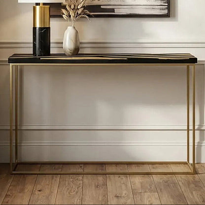 Black and Gold Striped Acacia Wood Console Table with Interconnected Metal Legs | Aris