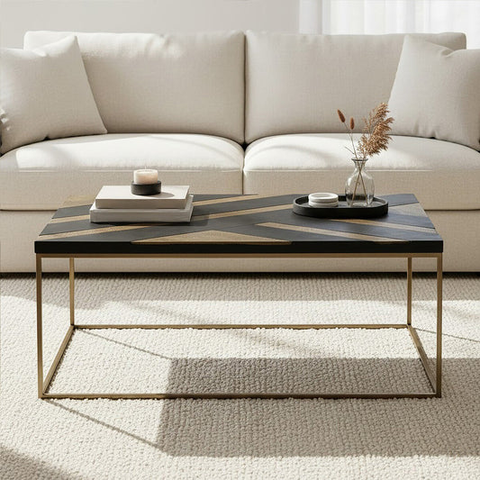 Black and Gold Striped Acacia Wood Coffee Table with Interconnected Metal Legs | Aris