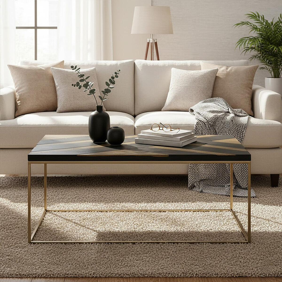Black and Gold Striped Acacia Wood Coffee Table with Interconnected Metal Legs | Aris