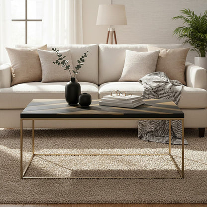 Black and Gold Striped Acacia Wood Coffee Table with Interconnected Metal Legs | Aris