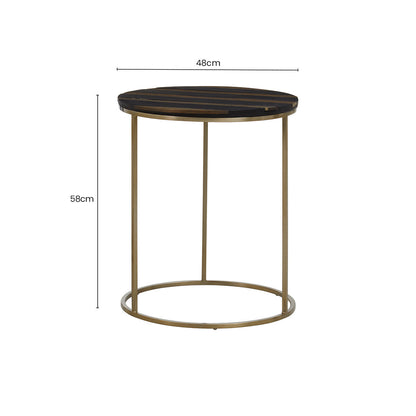 Black and Gold Striped Acacia Wood Round Coffee Table with Interconnected Metal Legs | Aris